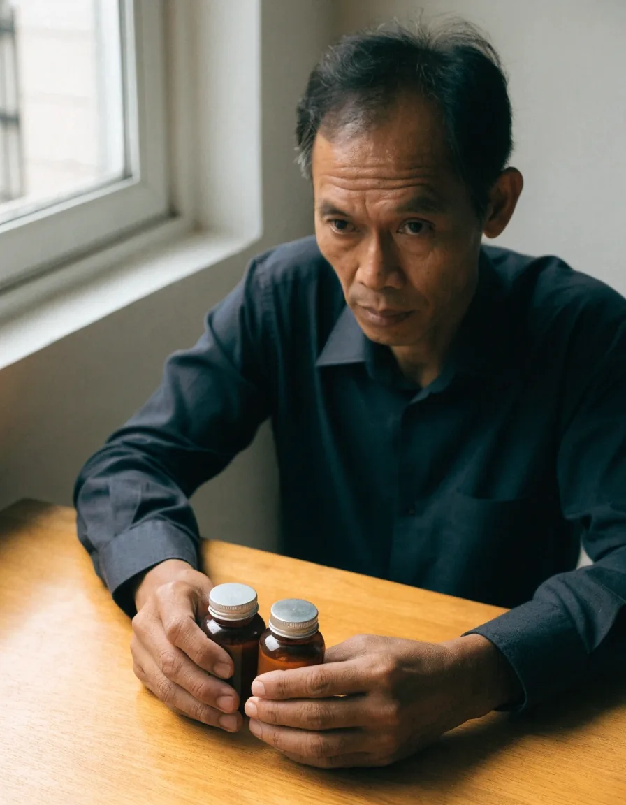A man at a plain desk comparing two unbranded supplement containers side by side