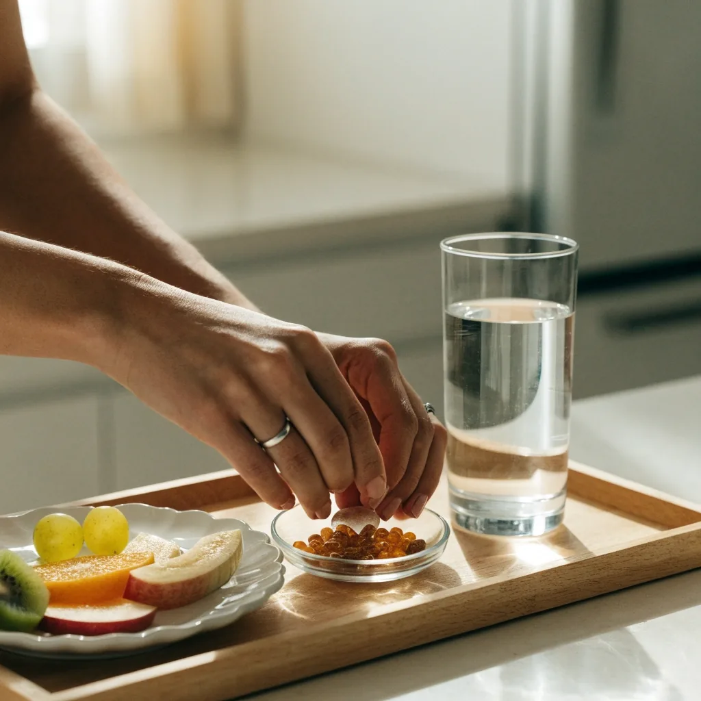 A simple breakfast plate beside a shallow wooden tray of loose herbal capsules on a bright counter