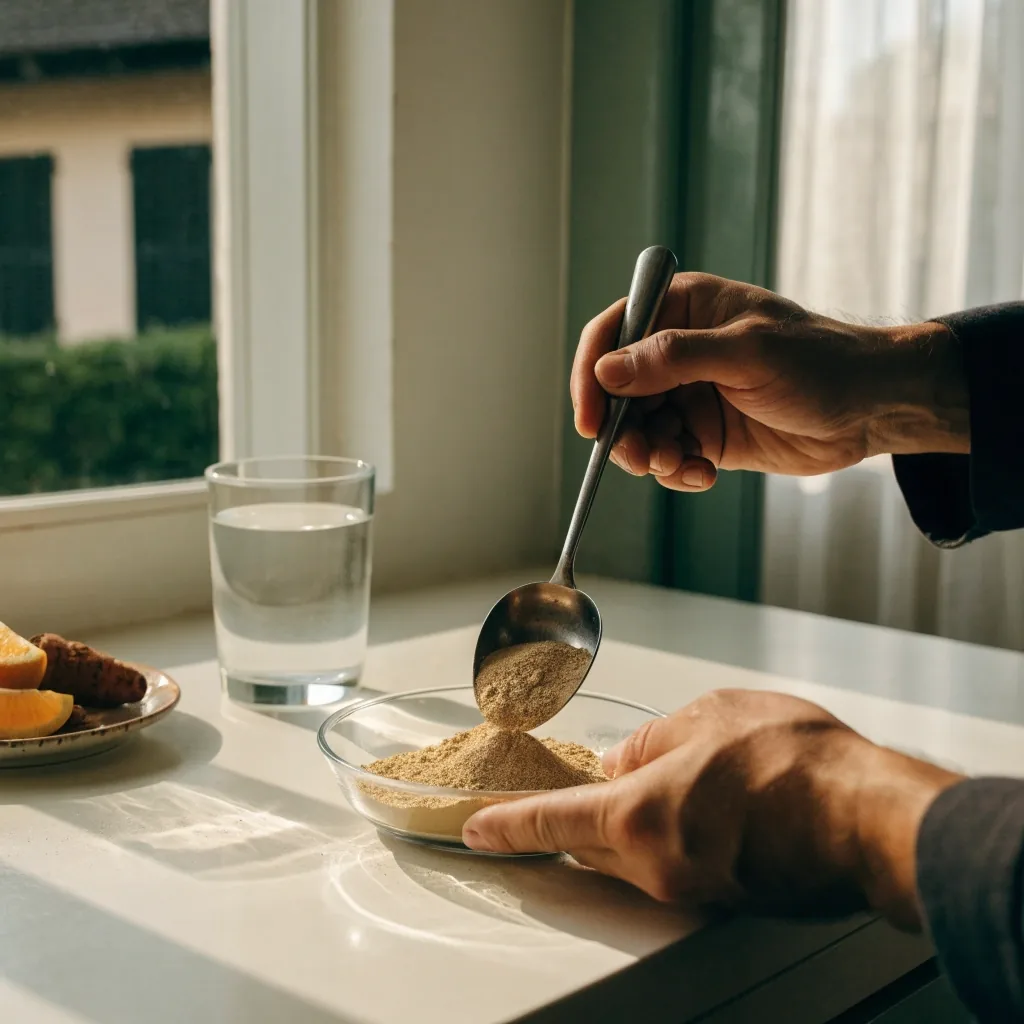 A glass dish of botanical extract powder beside a steel measuring scoop on a bright matte surface