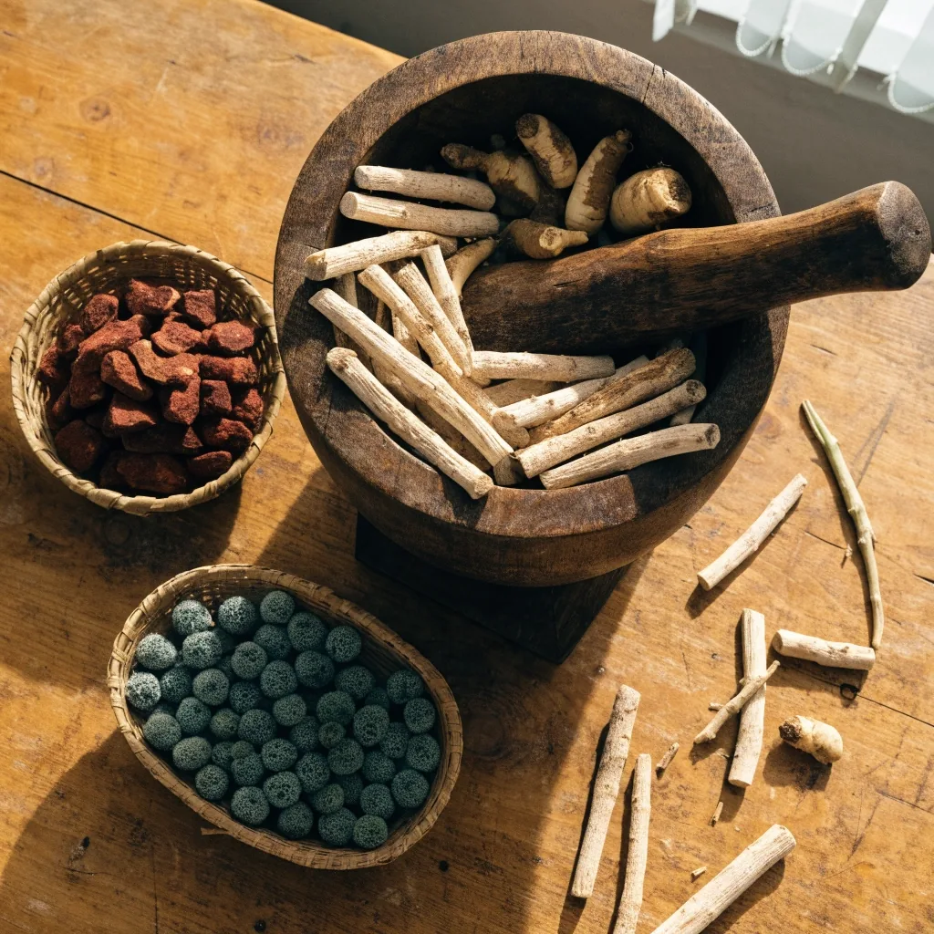 Botanical roots and ginkgo leaves for men's wellness supplements laid flat on a bright matte surface