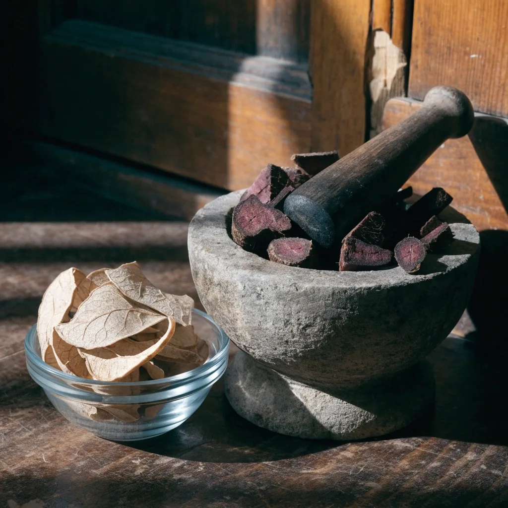 Dried pasak bumi root slices in a small clear dish