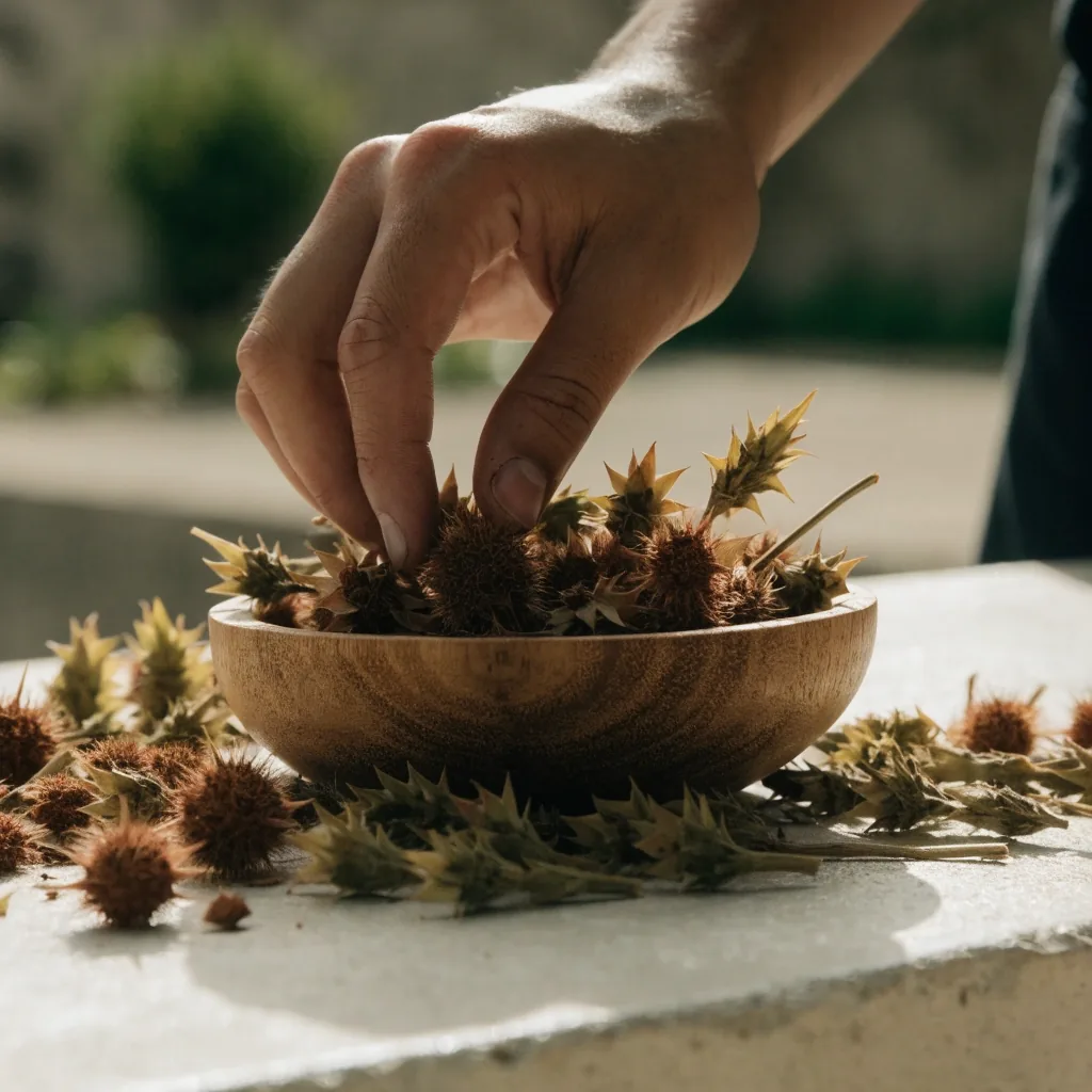 Hand holding a single unmarked herbal capsule over a bright counter