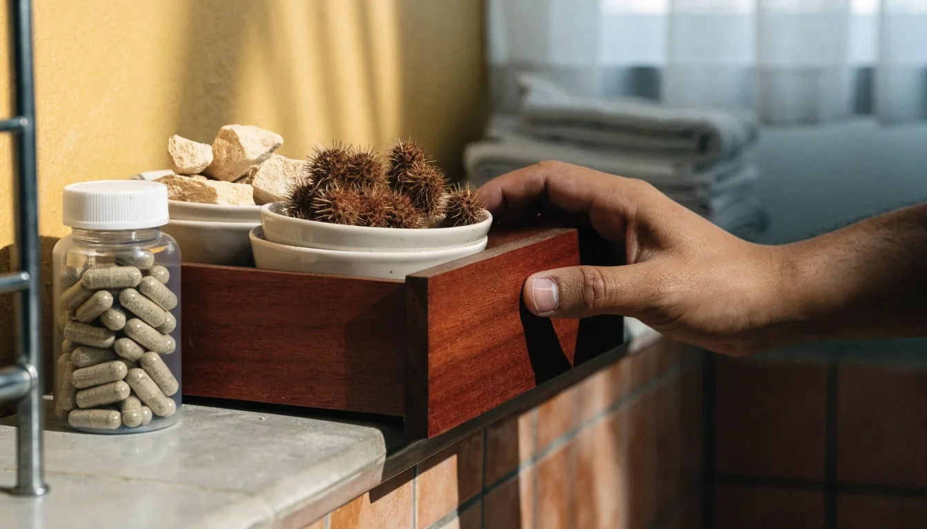 Hands closing a drawer of small dishes filled with dried botanical roots