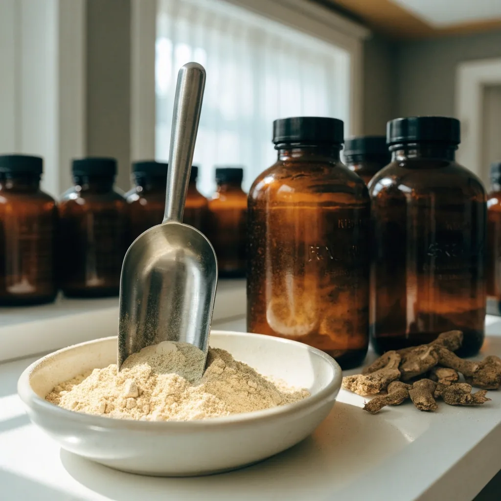 Steel measuring scoop beside a small pile of botanical extract powder