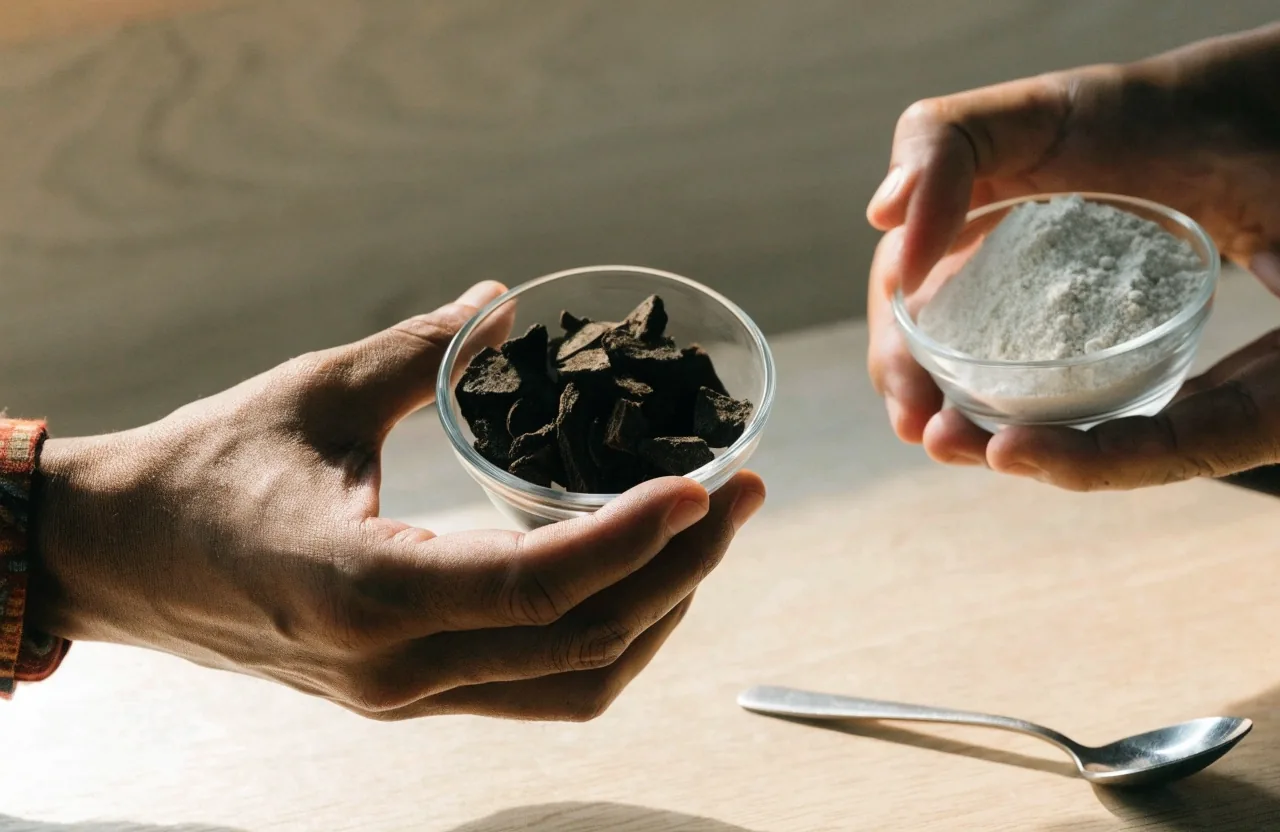 A shallow dish of pale botanical root powder beside dried root slices on a matte surface