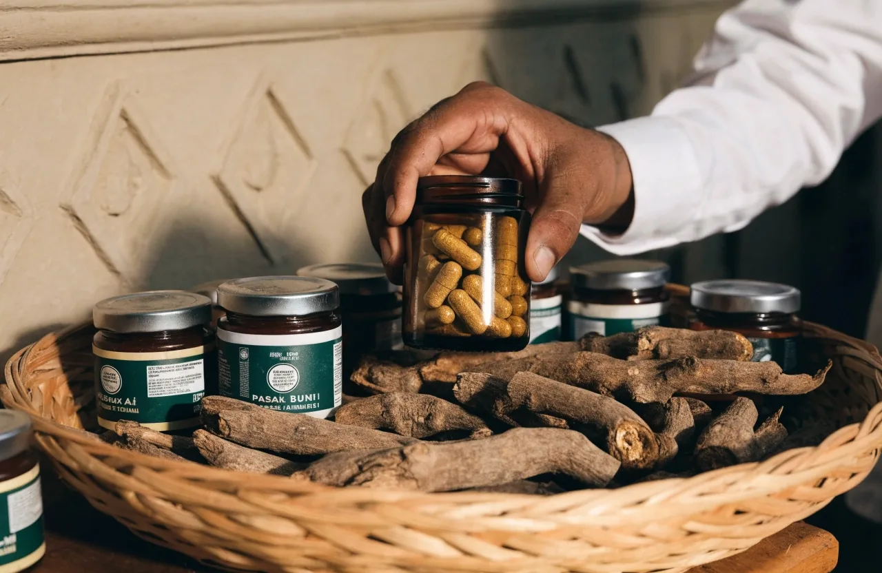 A woven tray of dried cut root pieces beside a small dish of capsules on a matte surface