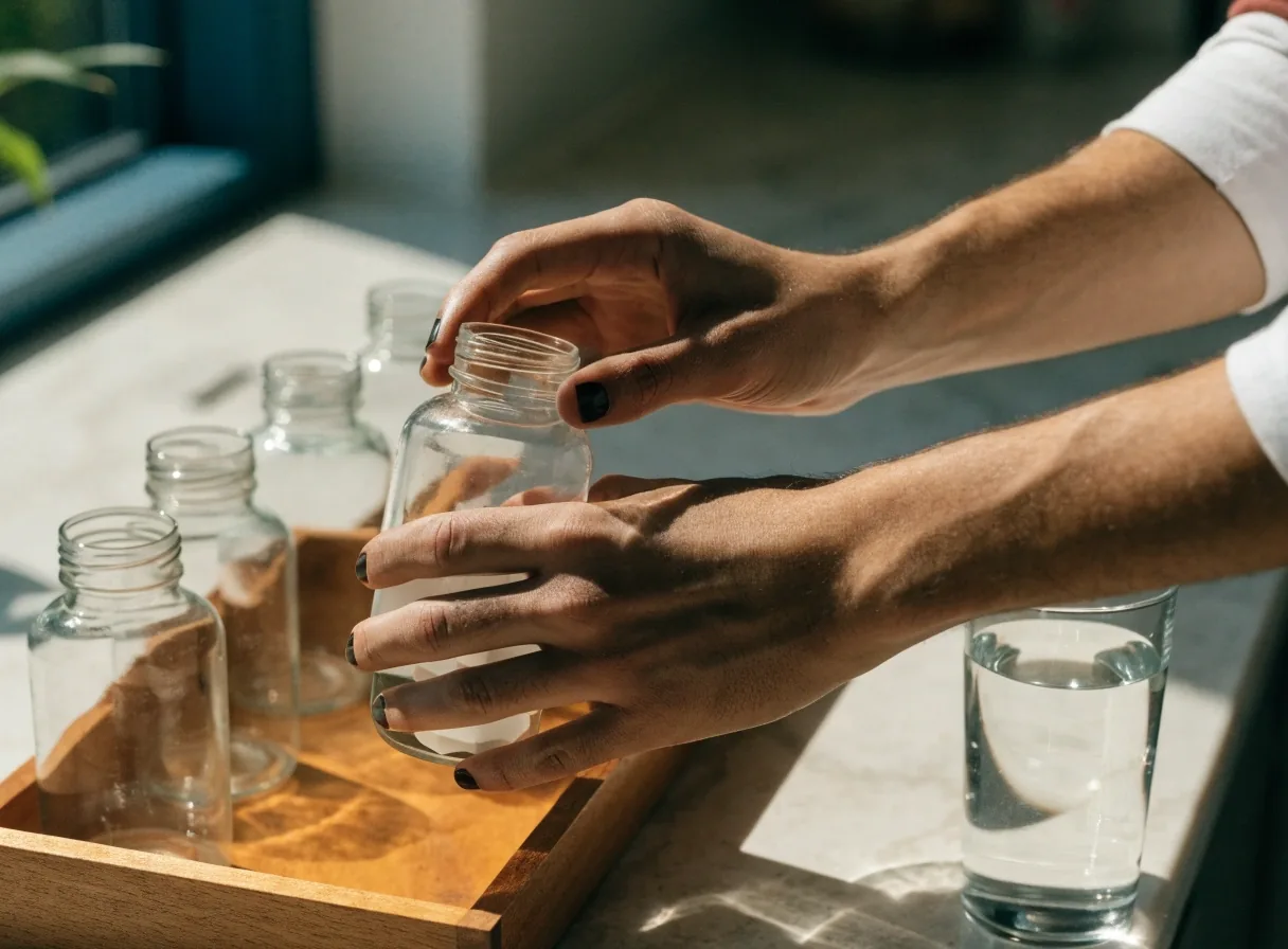 Unlabeled clear supplement bottles arranged in a row, all markings turned away from the camera