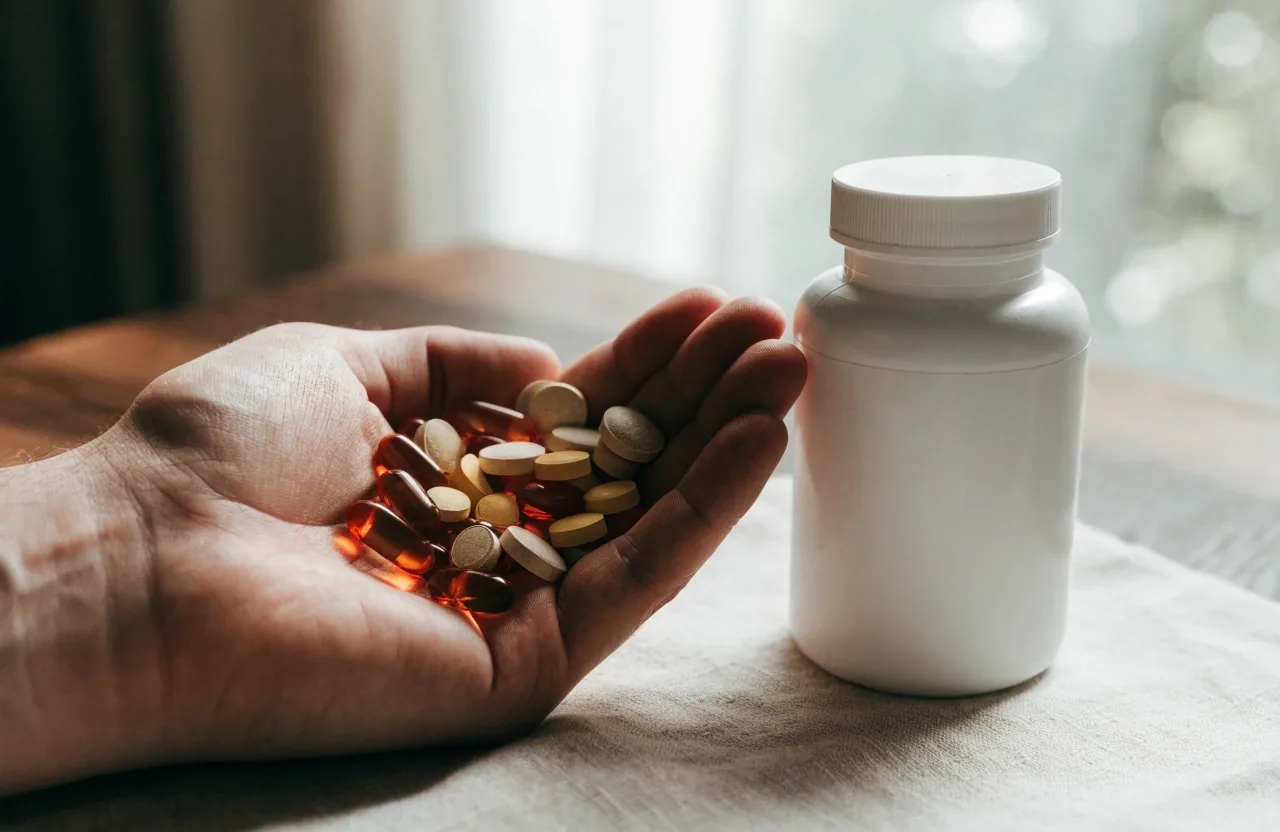 A plain multivitamin bottle turned away from camera beside a dish of loose tablets