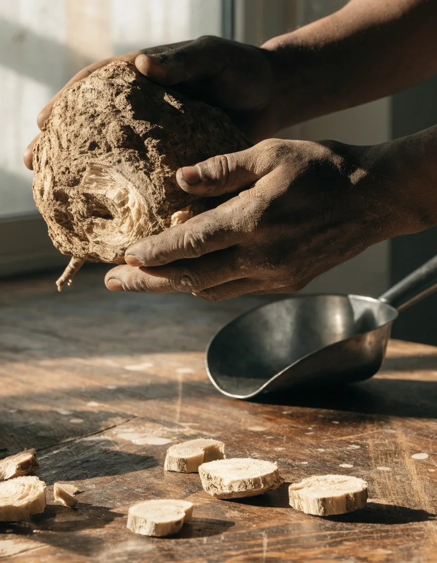 A section of Pasak Bumi root beside a steel scoop on a bright matte surface