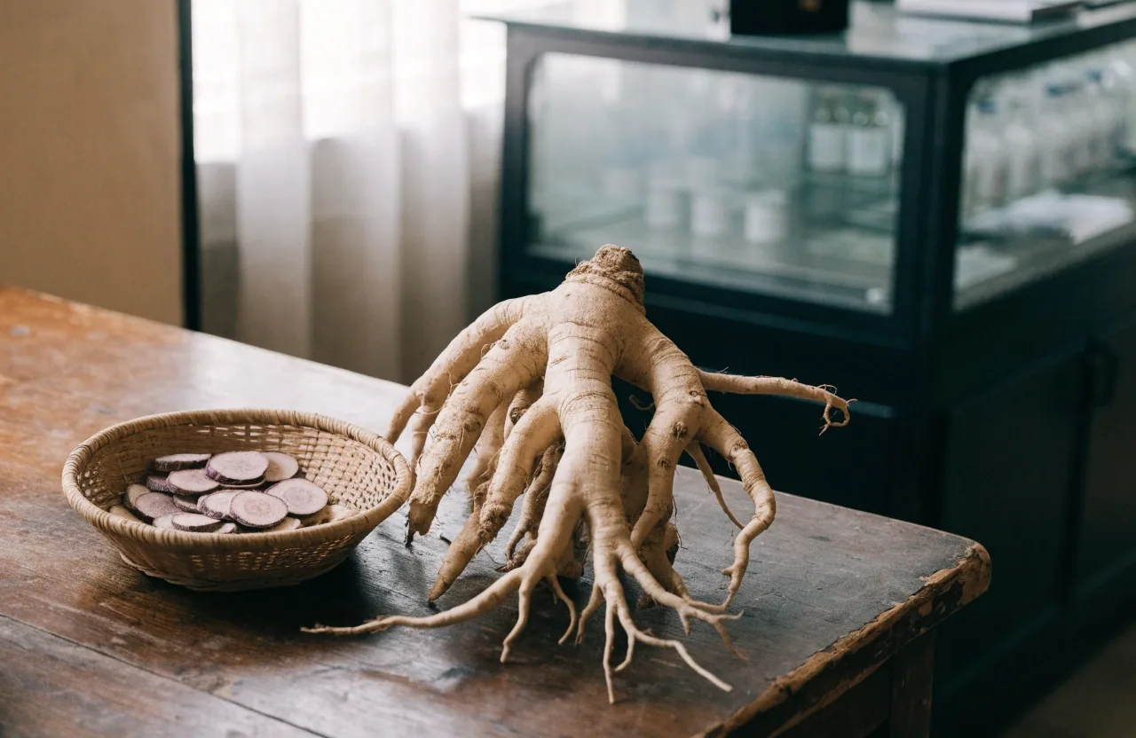 A whole Panax ginseng root on a bright matte surface