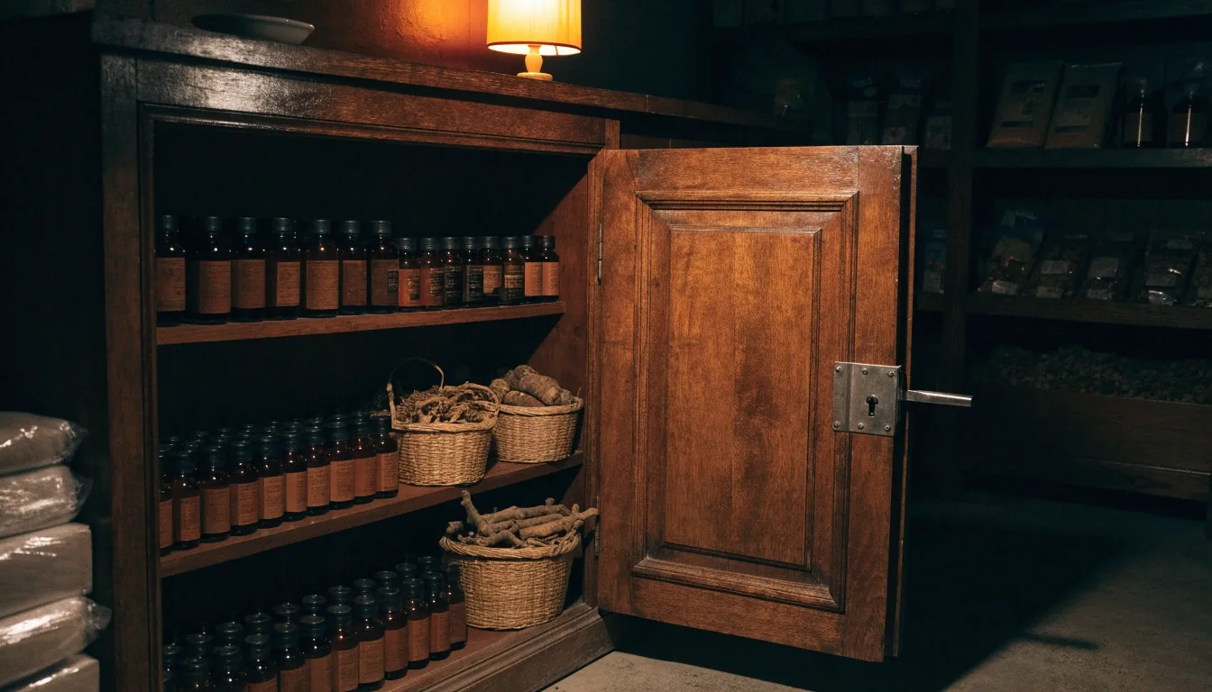 A closed drawer of small dishes beneath a shop counter in dim night light