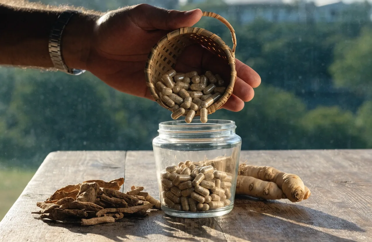 Loose herbal capsules in a shallow wooden tray beside sliced dried root