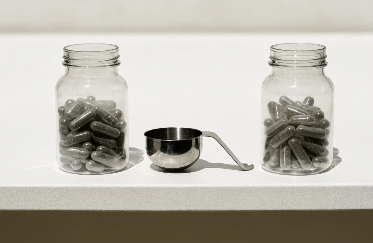 Two unlabeled capsule bottles standing side by side with a steel scoop between them on a bright counter